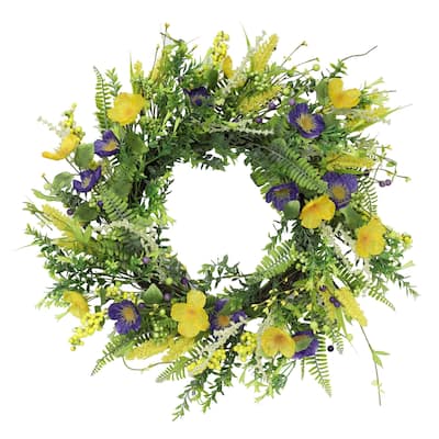 Yellow Purple Faux Twig Spring Mixed Floral Wreath - 24-Inch, Unlit