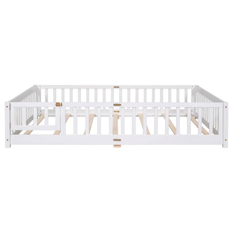 Queen size Floor Platform Bed with Fence Guardrails and Door