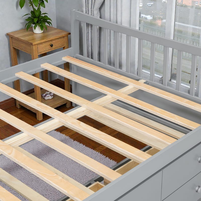 Daybed with Trundle and 3 Drawers, Solid Wood Twin/Full Daybed with Storage, Space-Saving Guest Bed