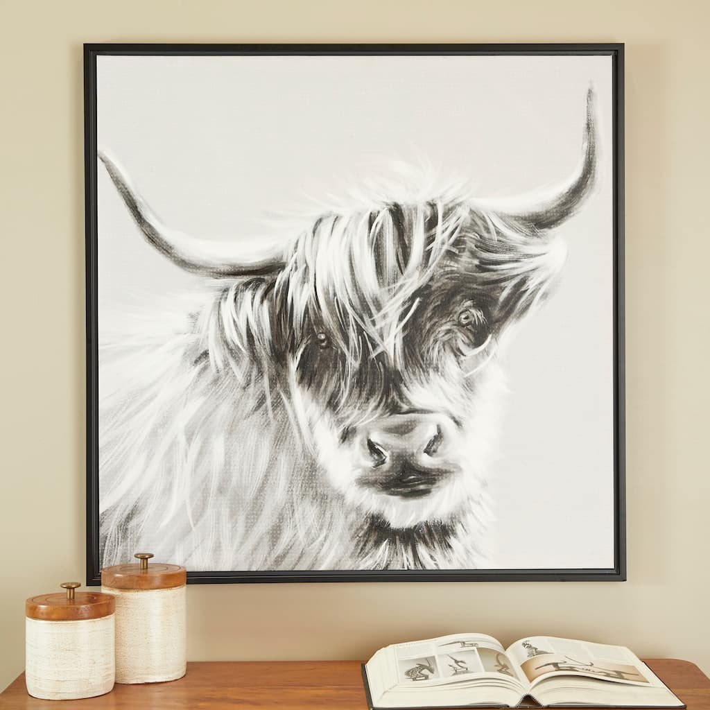 White Canvas Shaded Bull Framed Wall Art with Black Frame