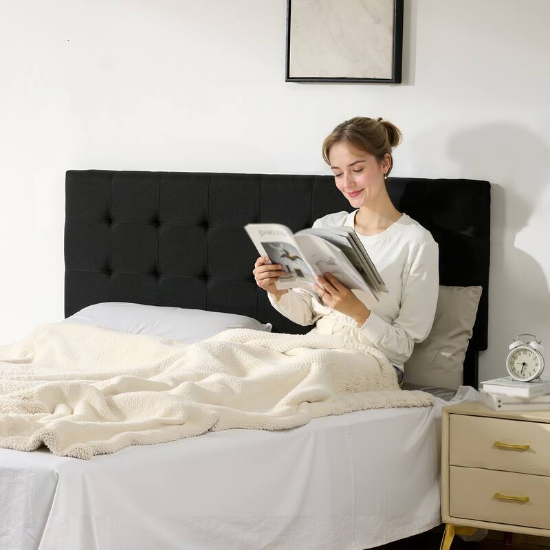 Black Linen Fabric Diamond Tufted Queen Size Headboard with Adjustable Height and Steel Frame