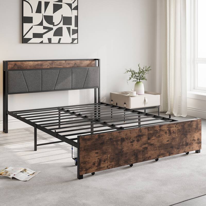 Rustic Style Metal Platform Bed Frame with 2 Drawers & Charging Station