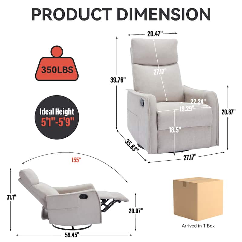 Fabric Recliner Chair with Heat, Massage, 360° Swivel Base, Adjustable Backrest, and Lumbar Support for Living Room Comfort