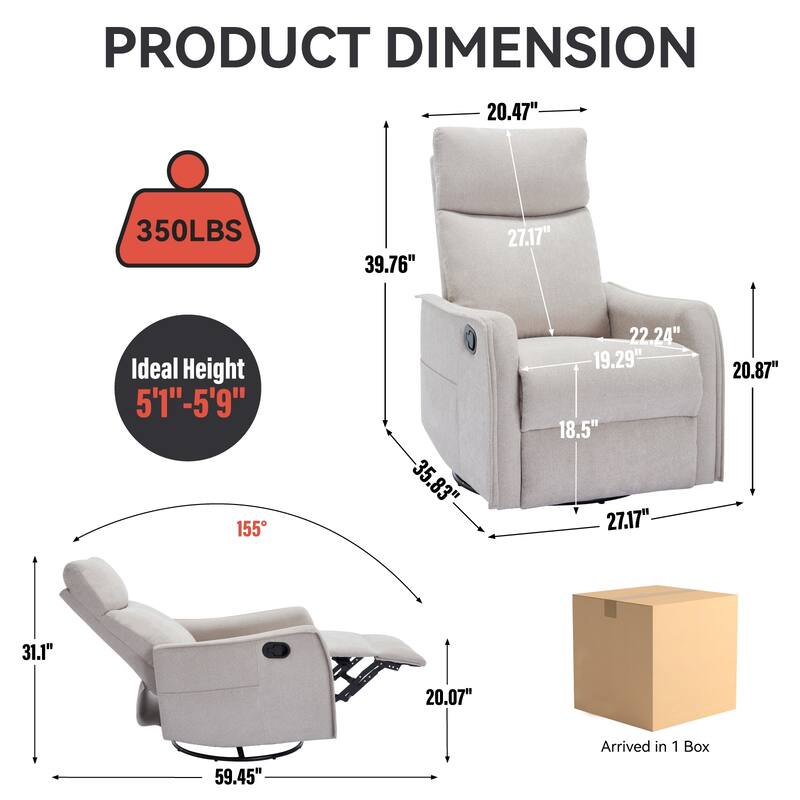 Roomfitters Swivel Rocker Recliner Chair, Manual Massage Glider Armchair with Heat & Vibration, Fabric Living Room Sofa