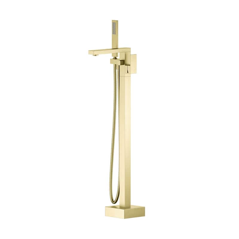 Cube Single Handle Floor Mounted Freestanding Tub Filler With Hand Shower - Brushed Gold