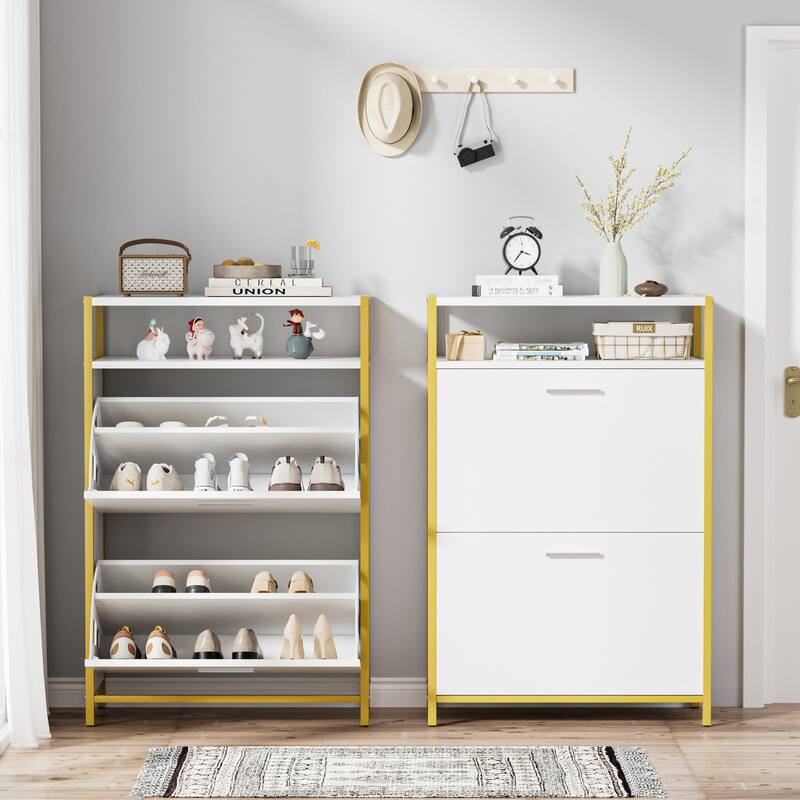 VECELO White and Gold Shoe Storage Cabinet with 2 Flip Drawers & Open Shelf Entryway Organizer for Hallway and Living Room