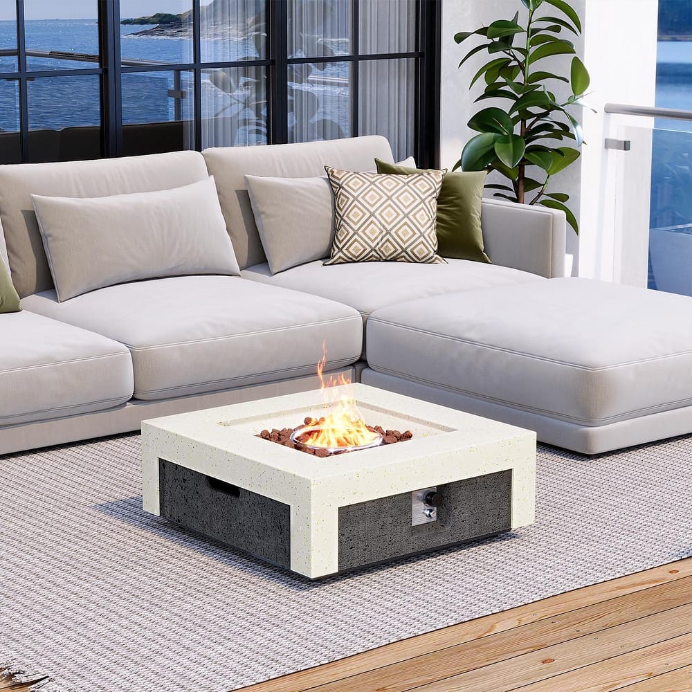 COSIEST Outdoor Concrete Propane Fire Pit Table,Marble & Wood Style Design