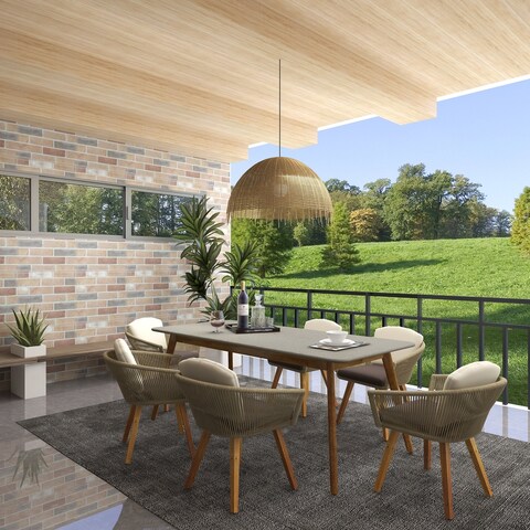 Indoor/Outdoor Acacia Wood Poly Cement Mid-Century Modern Dining Table 79" x 36" x 30"