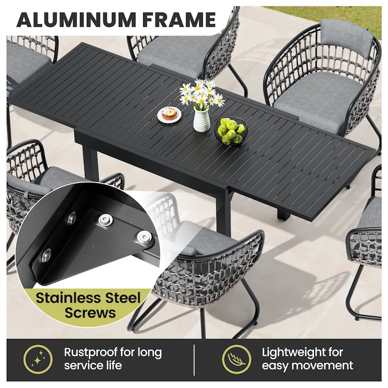 5/7/11-Piece Set Outdoor Aluminum Extendable Patio Dining Table Set with Rattan Chairs