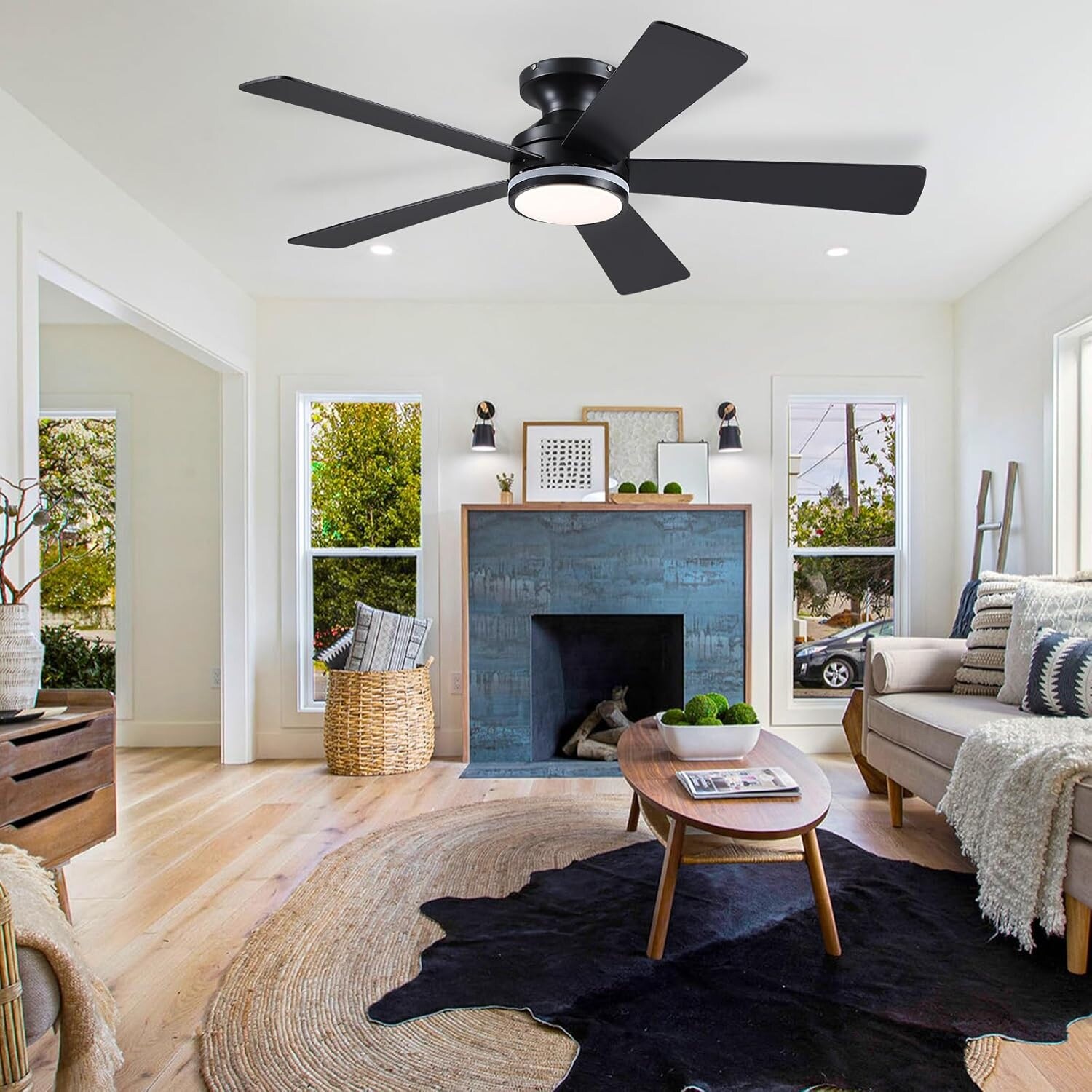 46 Inch Flush Mount Ceiling Fan with Light 5 Reversible Dual Side