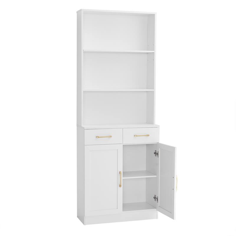 Storage Cabinet for Bathroom, 2 Doors Wooden Cabinet with 2 Drawers Three-layer Open Shelf, Bathroom Floor Cabinets