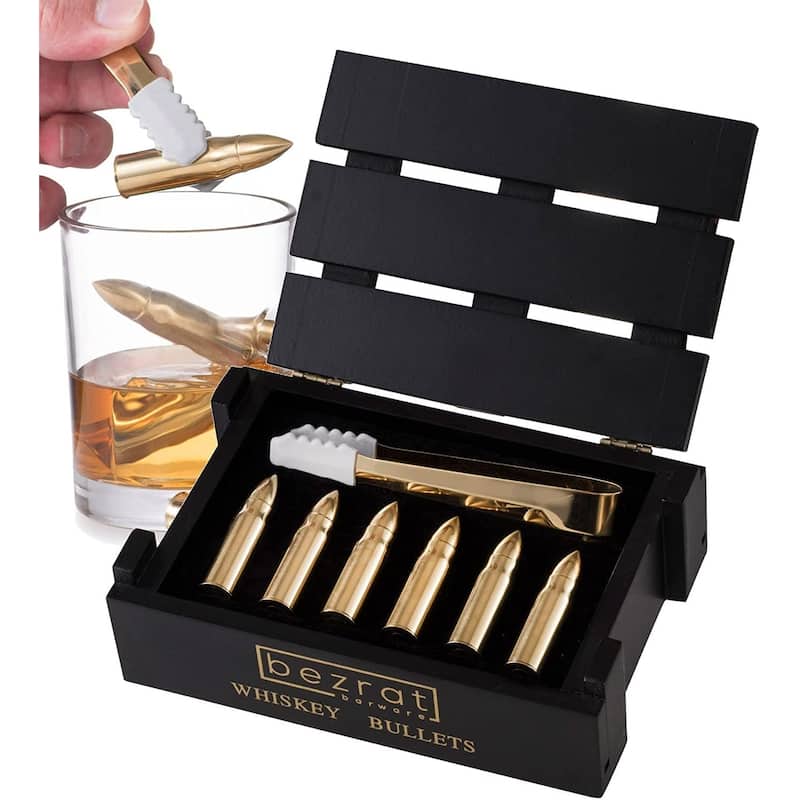 Set of 6 Gold Whiskey Chilling Stones - Gold Ice Tongs