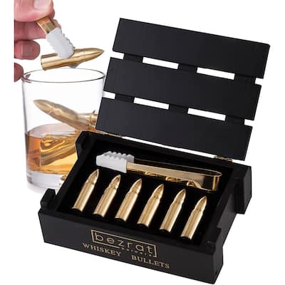 Set of 6 Gold Whiskey Chilling Stones - Gold Ice Tongs