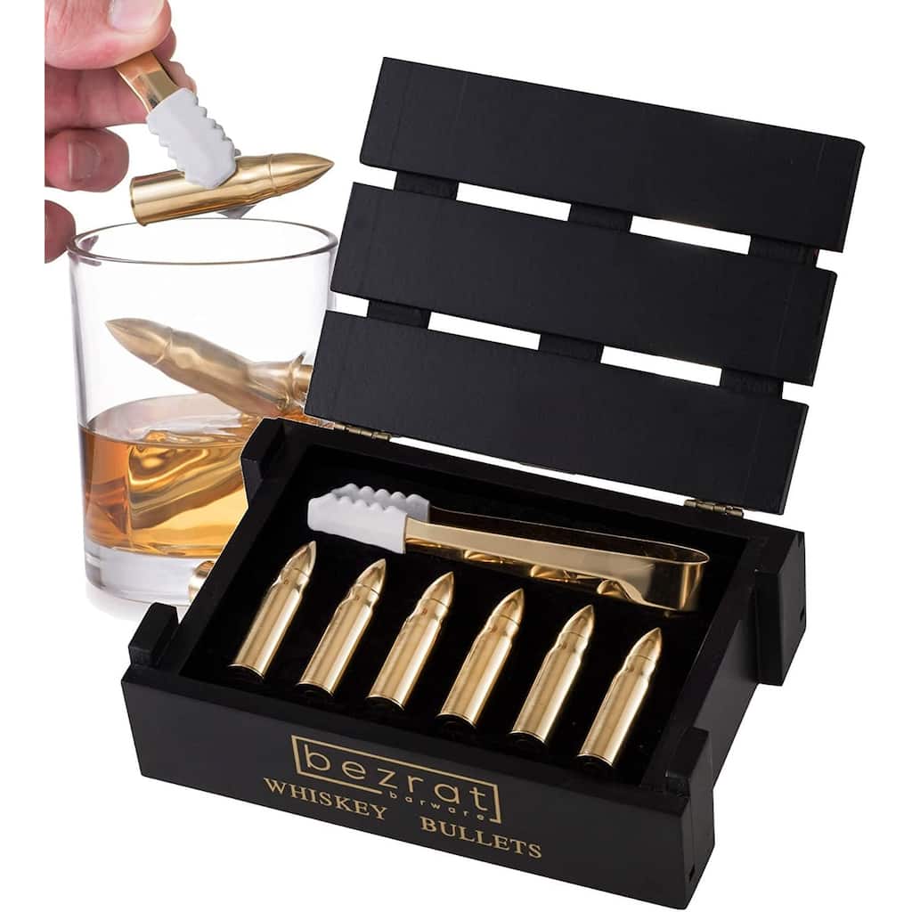 Set of 6 Gold Whiskey Chilling Stones - Gold Ice Tongs