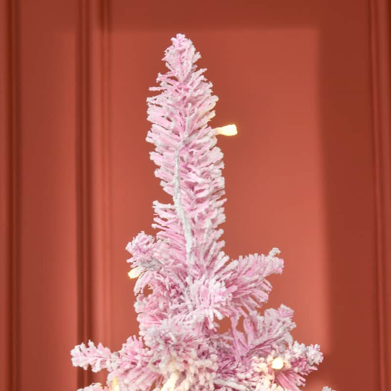 HOMCOM Pre-Lit Snow Flocked Pencil Tree - Realistic Pine Branches, Warm White LED Lights, Auto Open, Pink & White