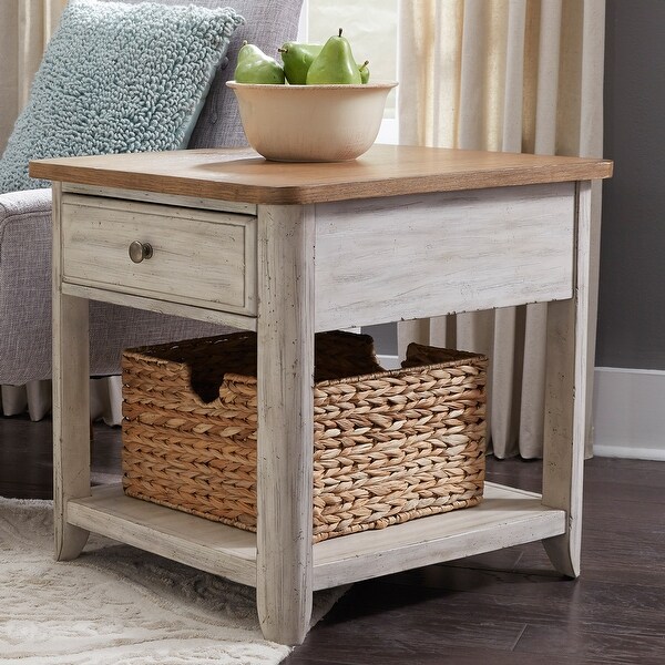 Farmhouse Reimagined Antique White End Table with Basket On Sale
