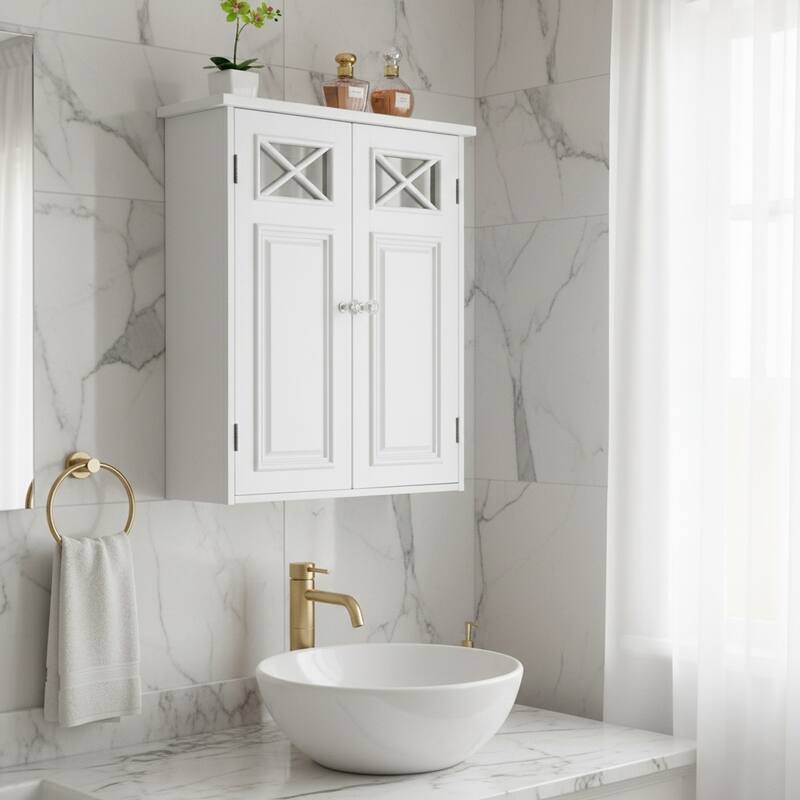 Teamson Home Dawson 2-Door White Bathroom Wall Cabinet, Removable Glass Panel, Adjustable Shelf, Cross Molding Storage