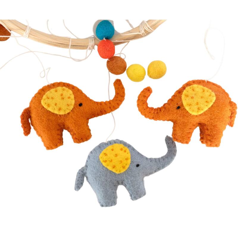 Handmade Blue and Orange Elephant Felt Nursery Mobile