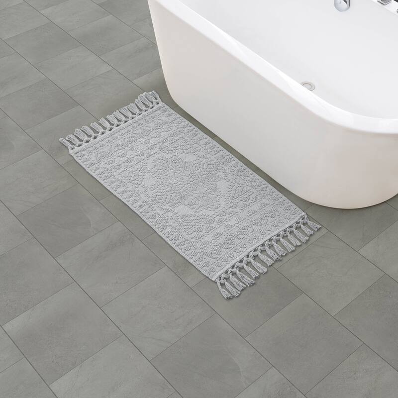 French Connection Nellore Fringe Cotton Bath Rug - 20x34 - Light Gray