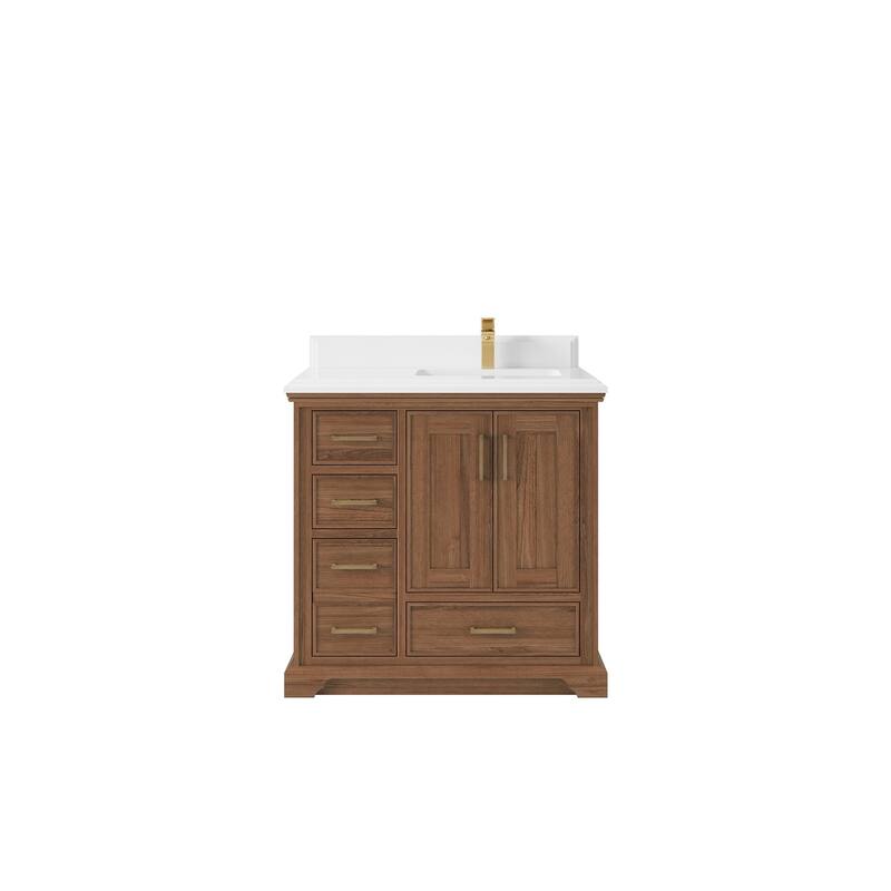 Willow Collections 36 in. W x 22 in. D Charlotte Teak Right Offset Sink Bathroom Solid Teak Vanity with Countertop - 1.5”White Quartz - Dark Natural