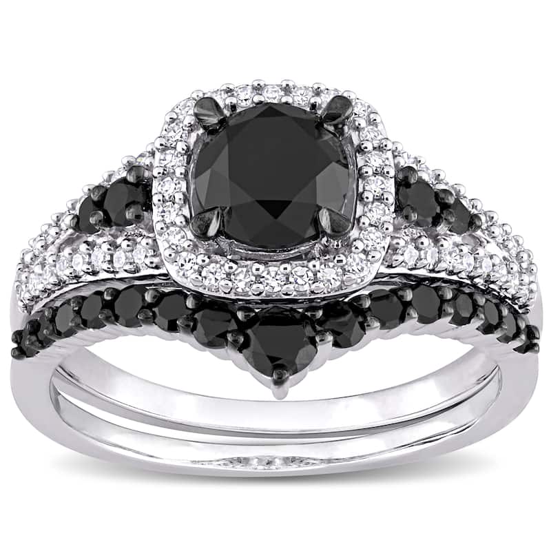 Miadora 10k White Gold with Black Rhodium 1 1/2ct TDW Black & White Diamond Halo Bridal Ring Set