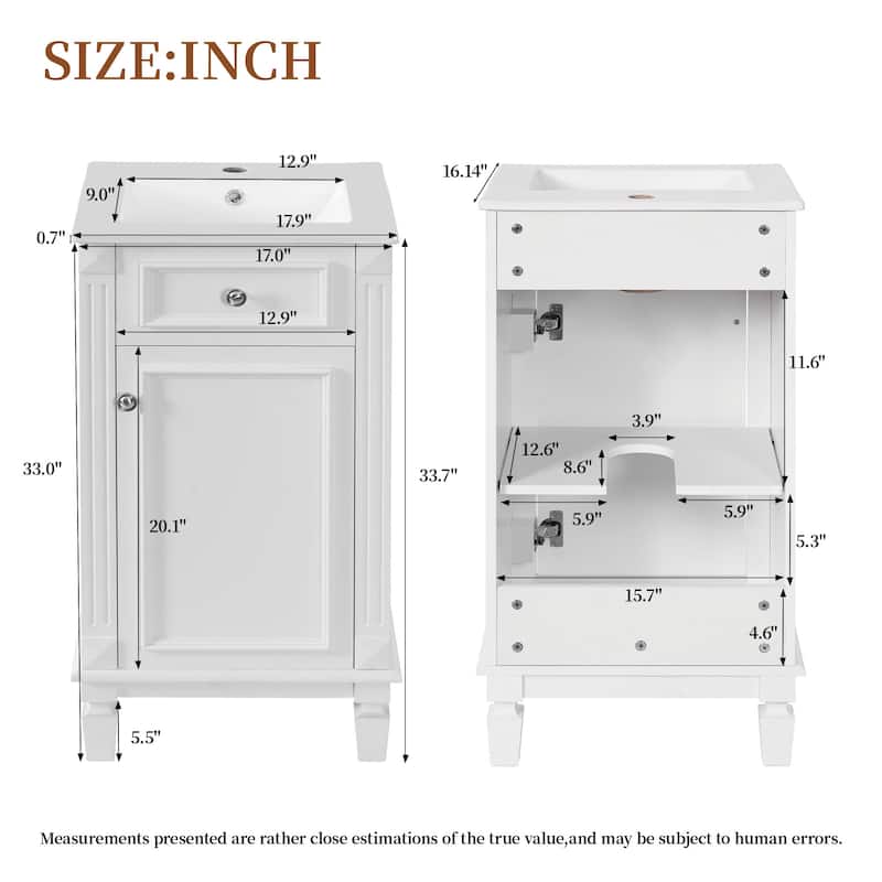 18" French Style Bathroom Vanity with Ceramic Sink, Freestanding Single Vanity with Soft-Close Door