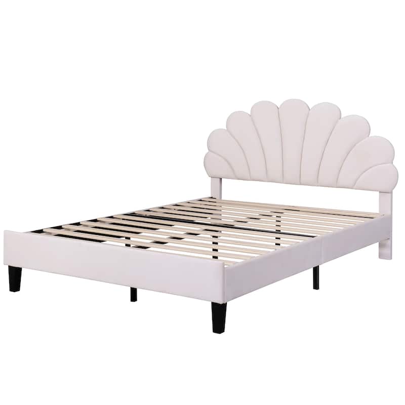 Roomfitters Full Size Upholstered Platform Bed Frame, Velvet Flower Headboard, Modern Bedroom Furniture, Beige
