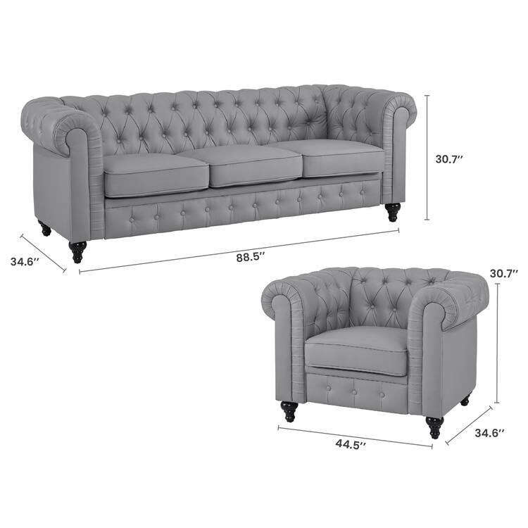 Chesterfield Modern Sofa & Accent Chair with Rolled Arms Tufted Cushions Sectional Sofa Couch for Small Spaces