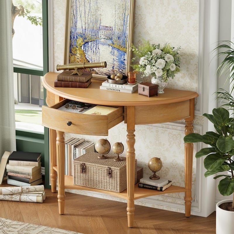 Half-Moon Farmhouse Console Table with Drawer & Shelf by Harper&Bright Designs