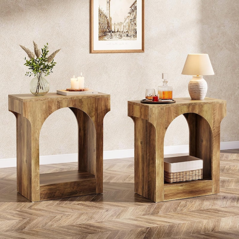 Wood End Side Table with Storage Space - Rustic Brown-2Piece