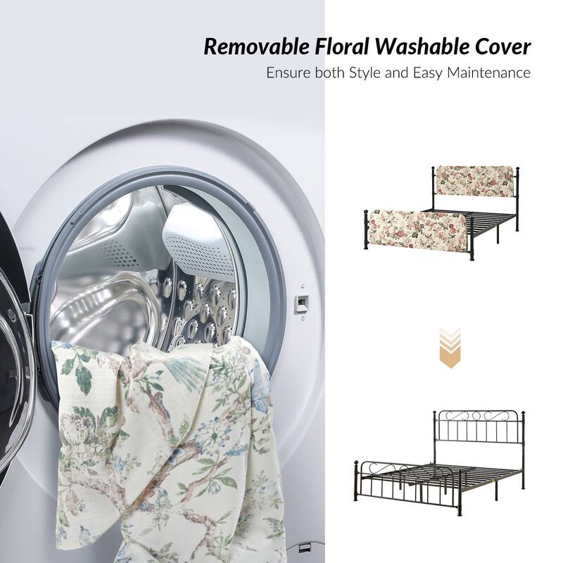 Diana Transitional 62" Floral Upholstered Platform Metal Bed Frame with Washable Slipcover by HULALA HOME
