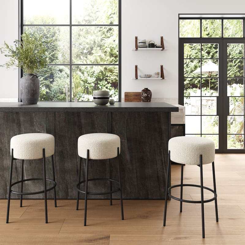 Isaac Modern Backless Metal Round Bar Stool with Boucle Padded Seat and Metal Base