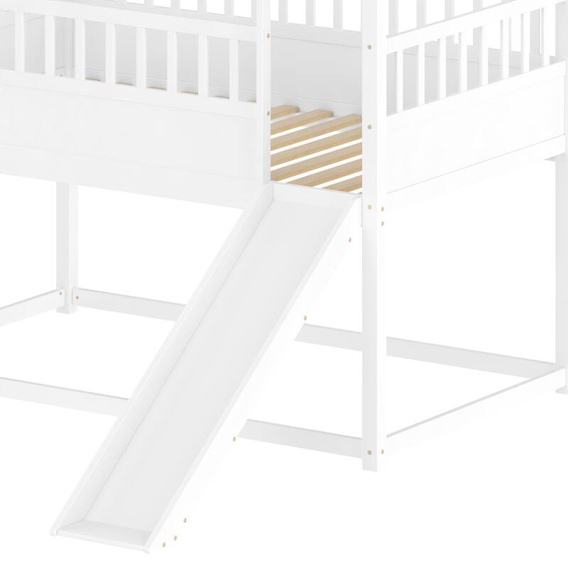 Twin Over Twin Bunk Bed with Convertible Slide and Safety Guardrail