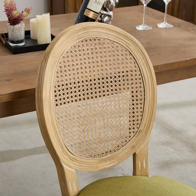 Set of 2 French Linen Upholstered Wood Dining Chairs with Rattan Back