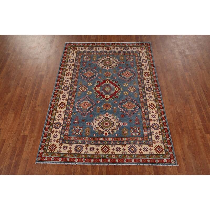 Kazak Blue Area Rug Hand-Knotted Wool Carpet - 4'11" x 6'11"