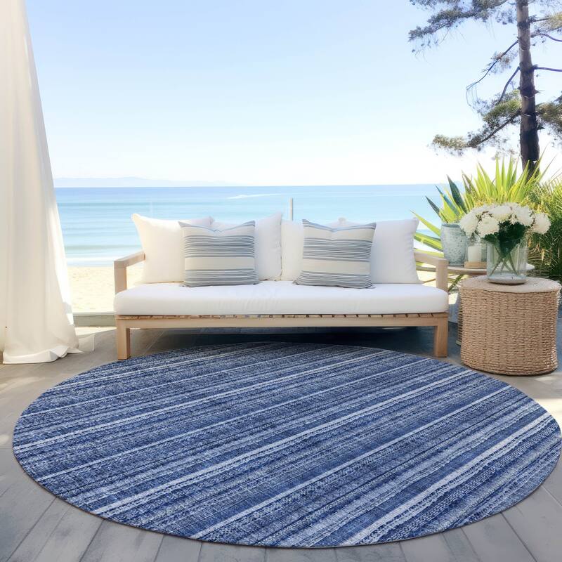Machine Washable Indoor/ Outdoor Stripe Chantille Rug - Denim - 8' x 8'