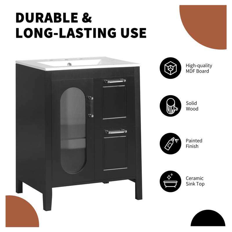 24" Black Bathroom Vanity with Sink - Solid Wood & MDF, Moru Glass Door, 2 Drawers, Adjustable Shelf