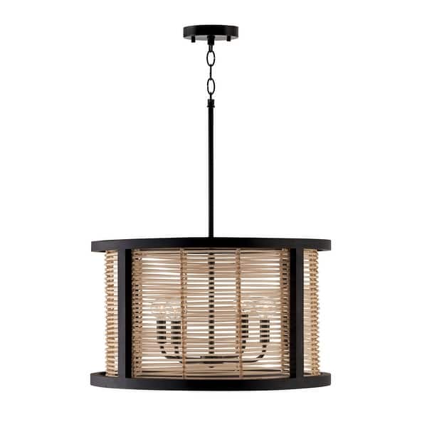 slide 2 of 6, Rico 4-light Flat Black Pendant w/ Mango Wood & Rattan