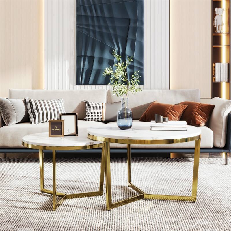 Round Nesting Coffee Table Set 2-Piece White & Marbling Top Gold Base