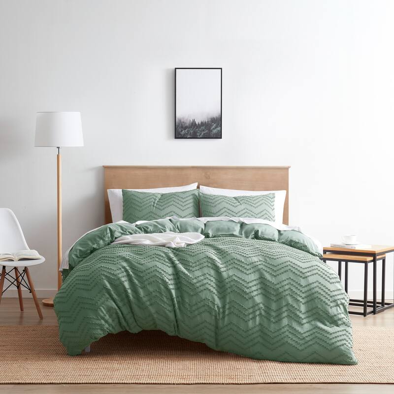 Nestl Boho Tufted Embroidery Double Brushed Duvet Cover with Button Closure - Green - Chevron Design - Twin
