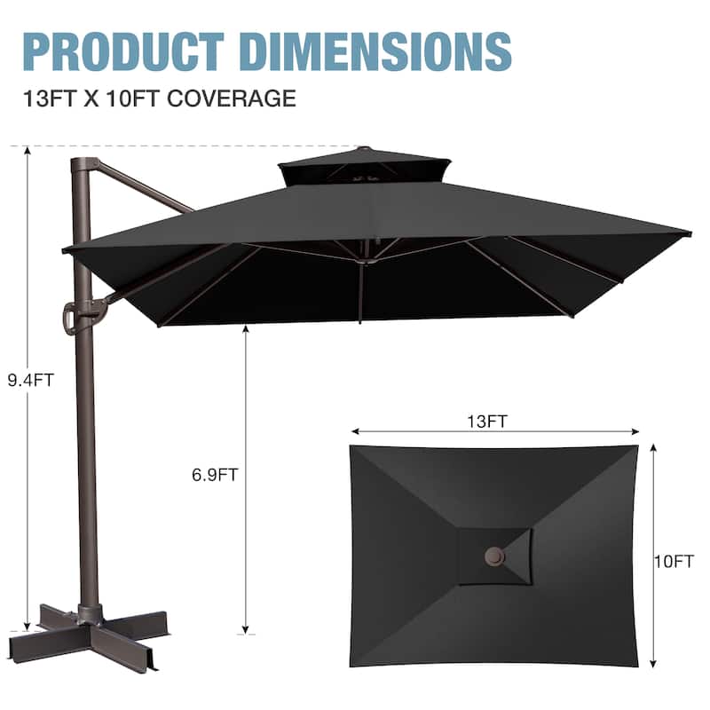 VredHom Outdoor 10x13 Ft Patio Dual Wind Vent Offset Cantilever Umbrella