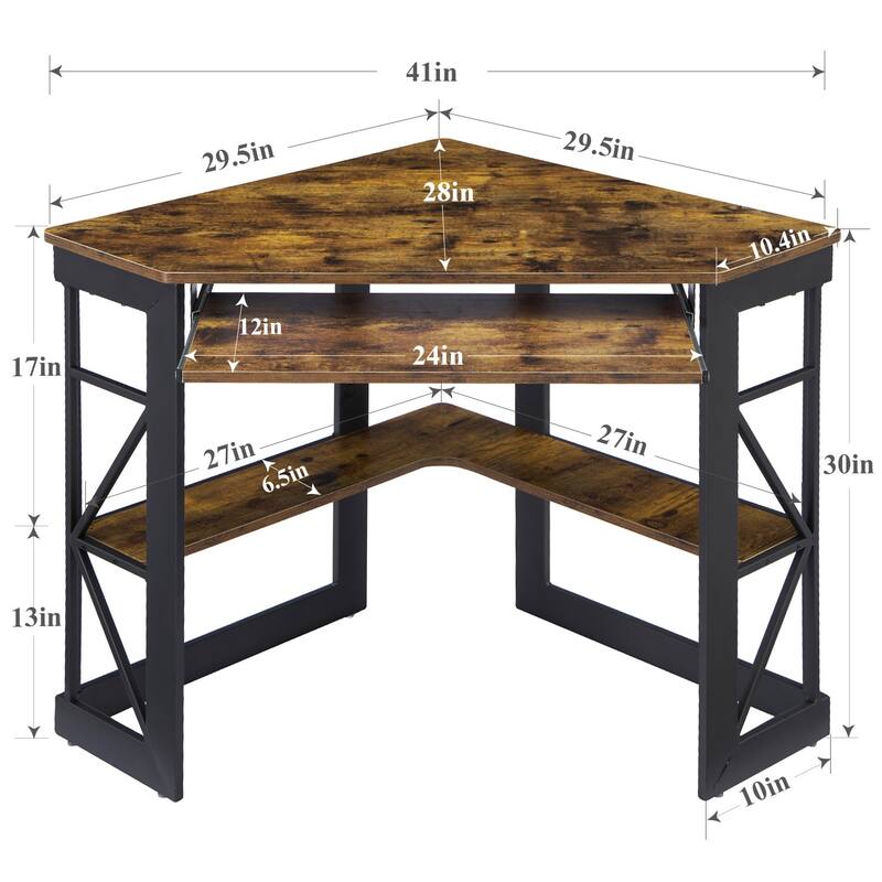 VECELO Triangular Corner Desk with Keyboard Tray Space Saving Metal Computer Desk for Home Office Study Bedroom