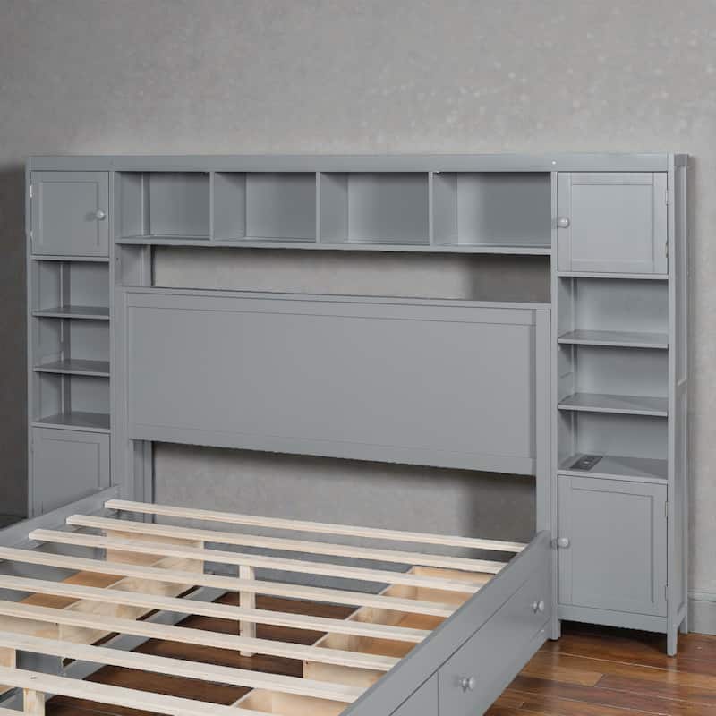 Queen Size Wooden Platform Bed with Storage Drawers, Shelves and Built-In Outlets, All-in-One Headboard Bed