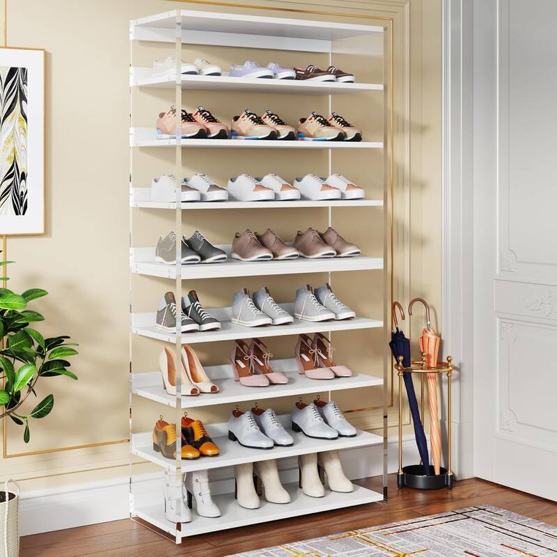 63" 8-Tier Acrylic Shoe Rack, Modern Shoe Storage, Shoe Organizer Display Shelf for Living Room, Entryway & Hallway - White