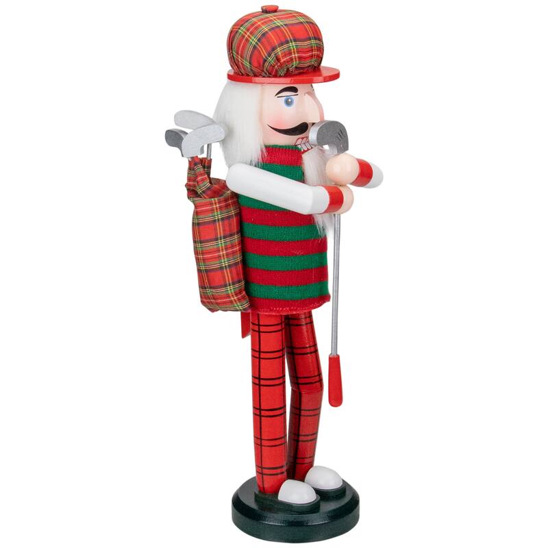 14" Red and Green Plaid Wooden Golfer Christmas Nutcracker