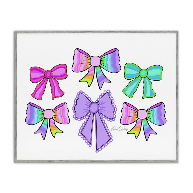Stupell Playful Bowtastic Ribbons Framed Giclee Art Design By Katie Conley - 30 x 24 - Grey