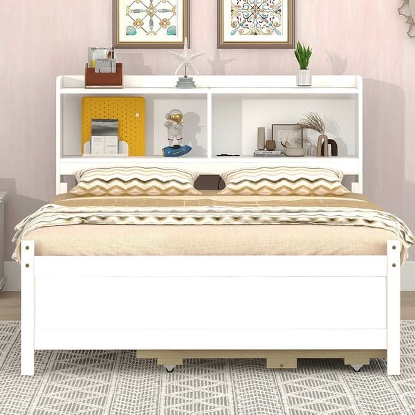slide 2 of 9, Full Size Captain's Bed Storage Daybed with Trundle, Built-in USB, Type-C Ports & LED Light, Versatile Wooden Platform Bed Frame White - Full