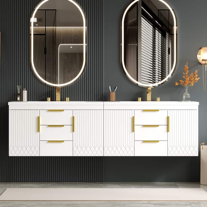 72'' Wall Mounted Bathroom Vanity, Floating Bathroom Storage Cabinet With 2 Drawers, Solid Wood Bathroom Cabinet - White