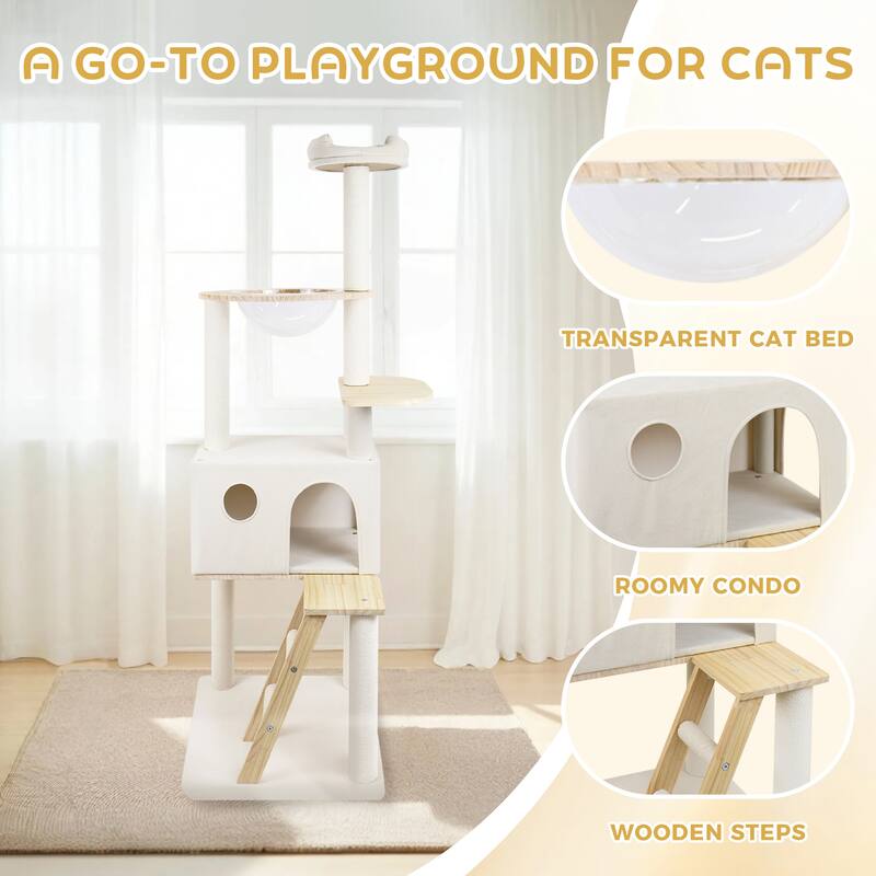 wood cat tree with large condo wood ladder and transparent spacecraft 165cm