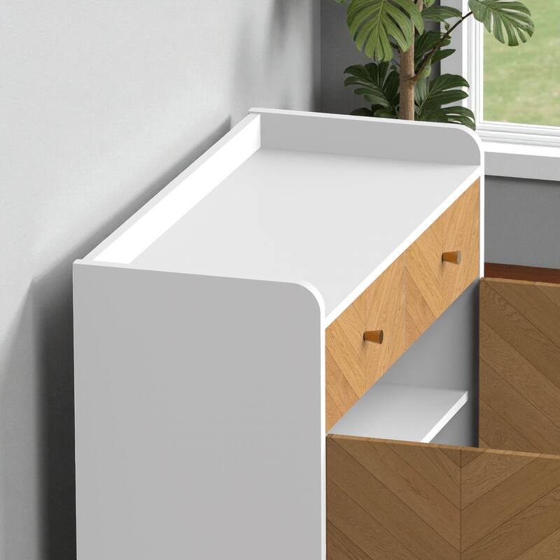 Modern 4-Tier Shoe Cabinet with 2 Drawers and Adjustable Shelves, Herringbone Wooden Freestanding Shoe Storage for Entryway